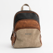Multi-tone leather backpack with black, brown, and beige panels and silver zippers, branded ERICKSTYLE