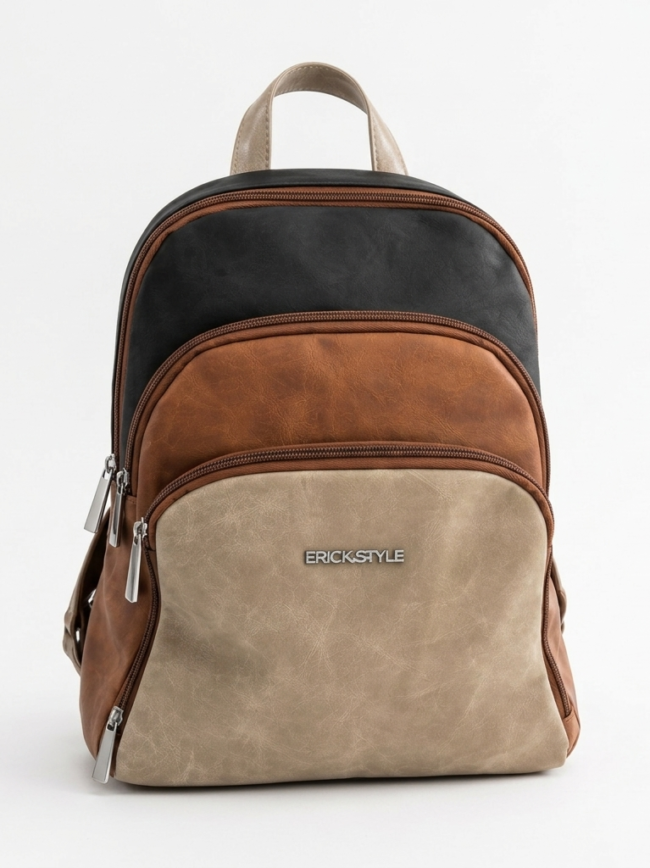 backpack1 Multi-tone leather backpack with black, brown, and beige panels and silver zippers, branded ERICKSTYLE