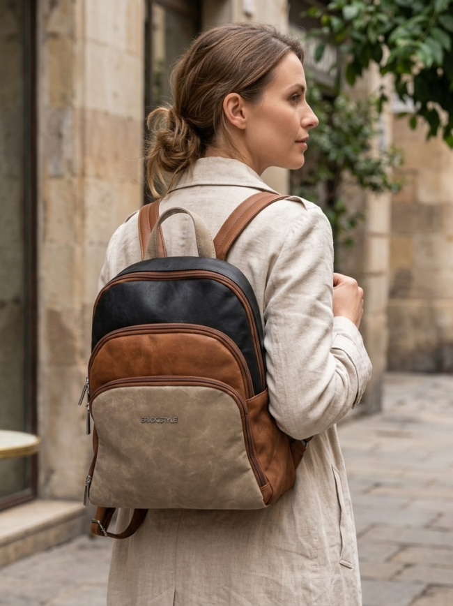 backpack3 Woman in a beige trench coat walks along a cobblestone street with a two-tone brown and gray backpack on her back, seen from the side.
