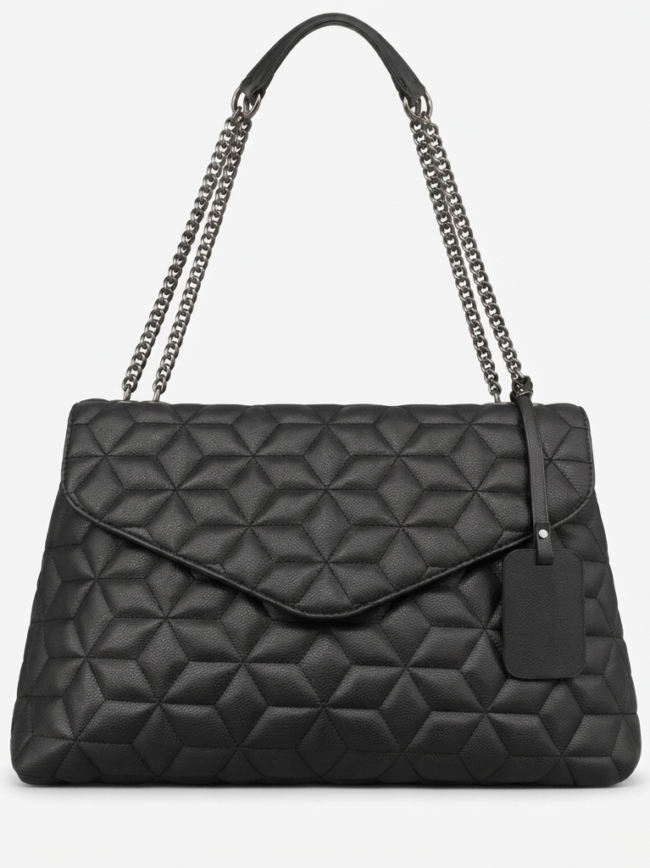 bc622VCw1hC9WO8x-YakFc Black quilted leather handbag with chain straps and a hanging tag, shown against a light background.