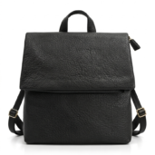 Black textured leather backpack with a top handle and flap-over front pocket, adjustable shoulder straps with gold buckles.
