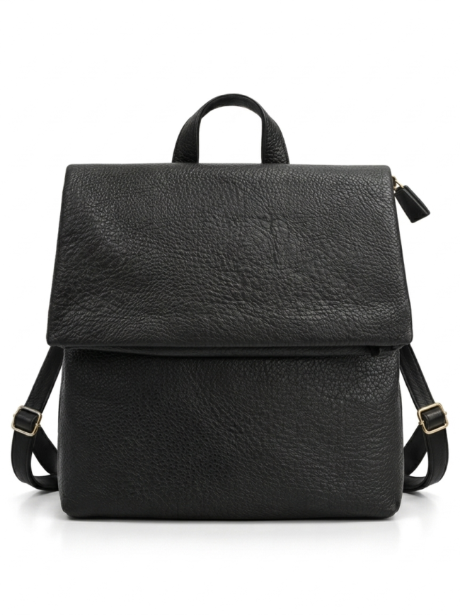 black backpack 1 Black textured leather backpack with a top handle and flap-over front pocket, adjustable shoulder straps with gold buckles.