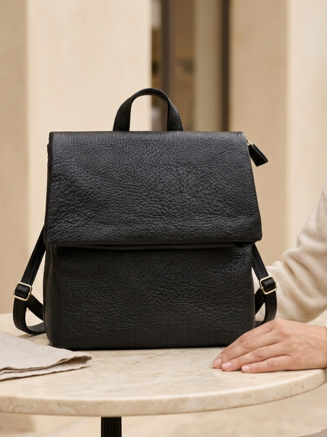 black backpack 4 Black textured leather backpack with top handle and adjustable straps resting on a marble round table; a person in a beige sweater sits beside it.