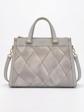 Gray quilted handbag with two top handles and a detachable shoulder strap, gold hardware, front view with diamond pattern.