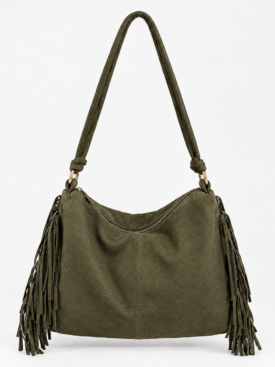Olive green shoulder bag with long fringe on both sides and a padded strap, gold-tone hardware, curved zipper opening at the top.