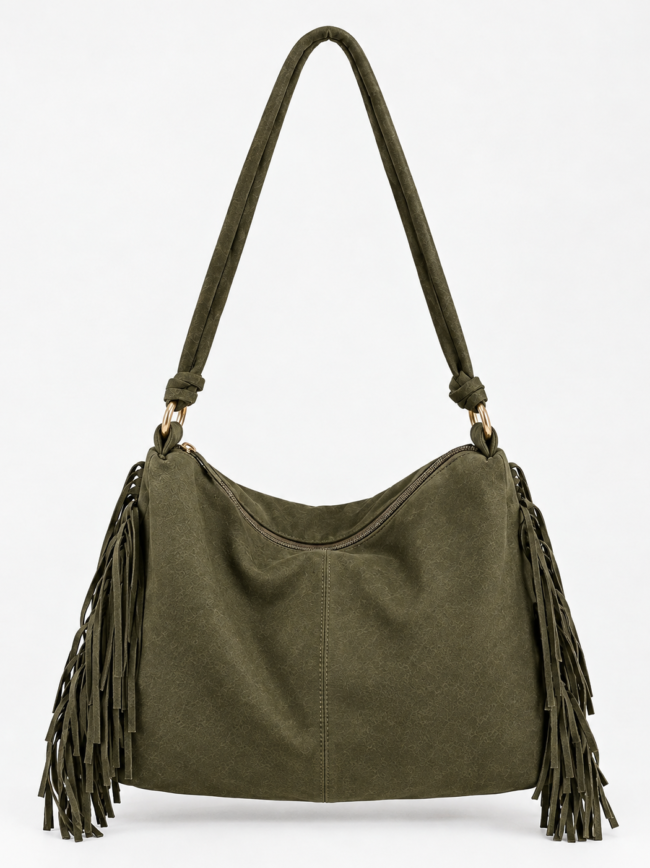 Olive green shoulder bag with long fringe on both sides and a padded strap, gold-tone hardware, curved zipper opening at the top.