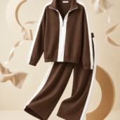 Brown zip-up tracksuit with white side panels and wide-leg pants, floating against a beige studio backdrop.