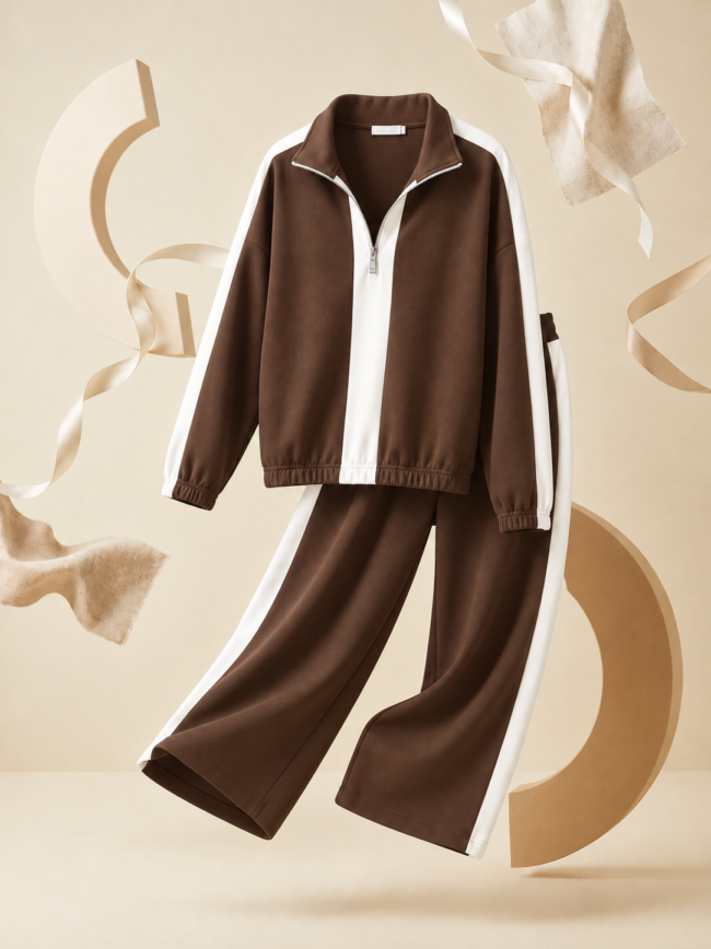 Brown zip-up tracksuit with white side panels and wide-leg pants, floating against a beige studio backdrop.