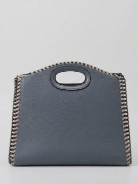 Blue pebbled leather handbag with silver chain trim and an oval built-in handle.
