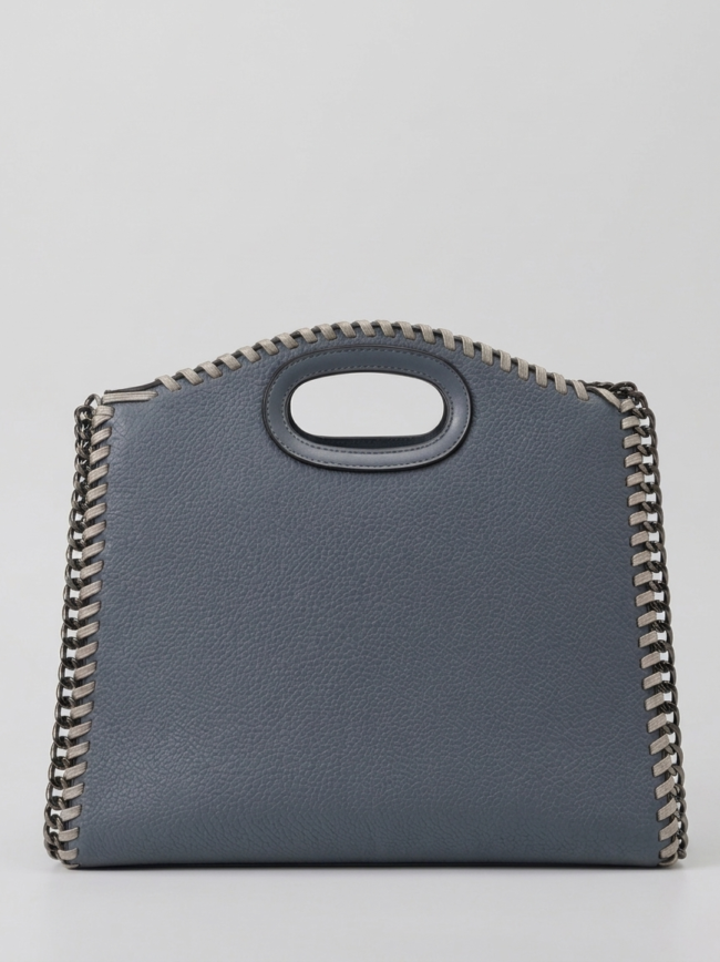 grey blue Blue pebbled leather handbag with silver chain trim and an oval built-in handle.
