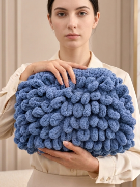 Woman wearing a beige blouse holds a large blue chunky-knit handbag with pom-pom textures in front of her.