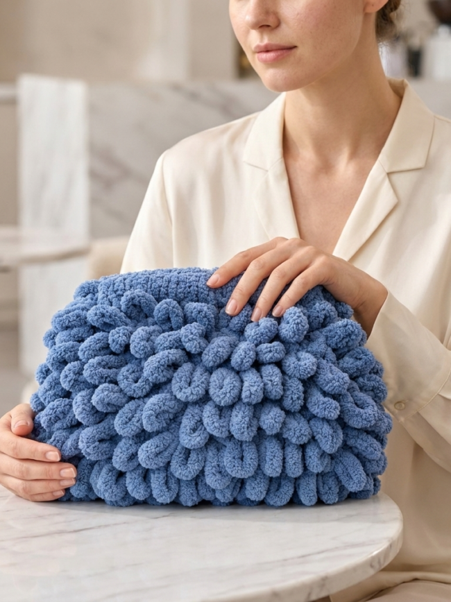puffy blue 3 Woman in a beige blouse holds a large blue chunky-knit handbag with looped pom-poms.