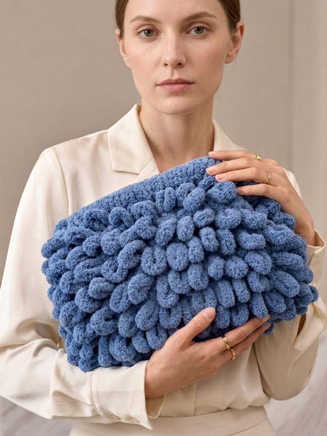puffy blue4 Woman in a light beige outfit holds a large blue chunky-knit handbag with a soft, textured surface across her chest.