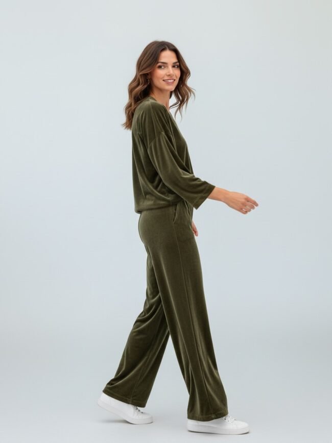 Γυναικείο Σετ Φόρμας Λαδί Μοντέλα μόδας AI Woman in olive velvet loungewear jumpsuit walking, white sneakers, against a pale backdrop in a studio setting.