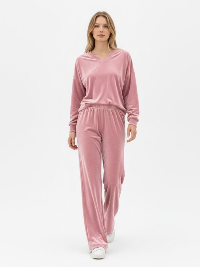 Γυναικείο Σετ Φόρμας Ροζ 3 Woman in pink velour loungewear with a V-neck top and elastic-waist wide-leg pants, walking toward the camera on a white studio backdrop, wearing white sneakers.