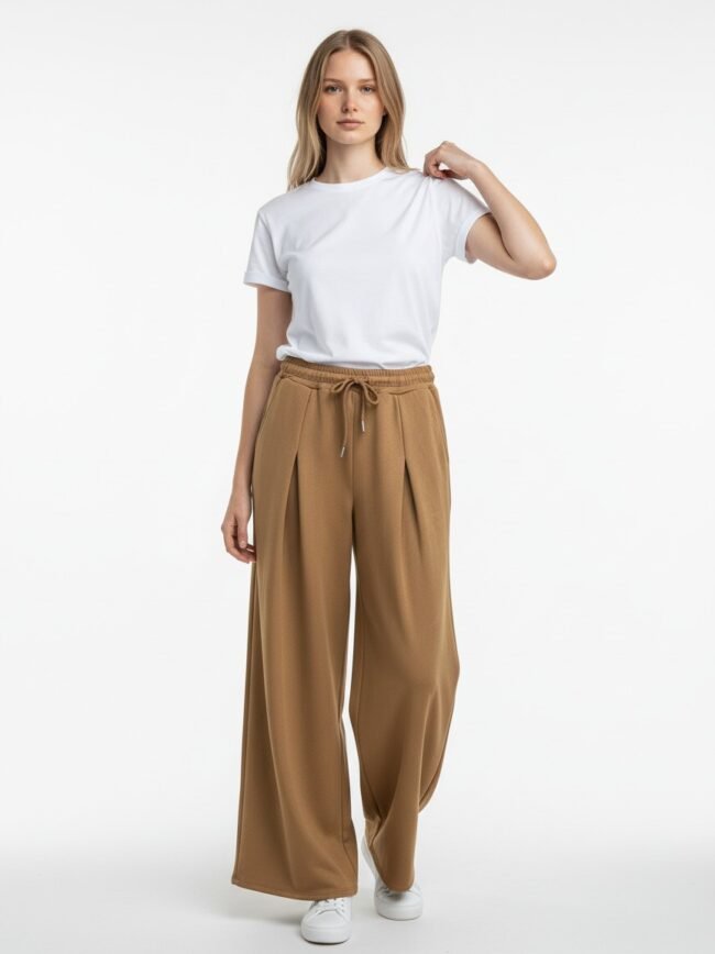 Παντελόνι Σουέντ Κάμελ 2 Woman wearing a white T-shirt and camel wide-leg pants with a drawstring, standing against a white background.