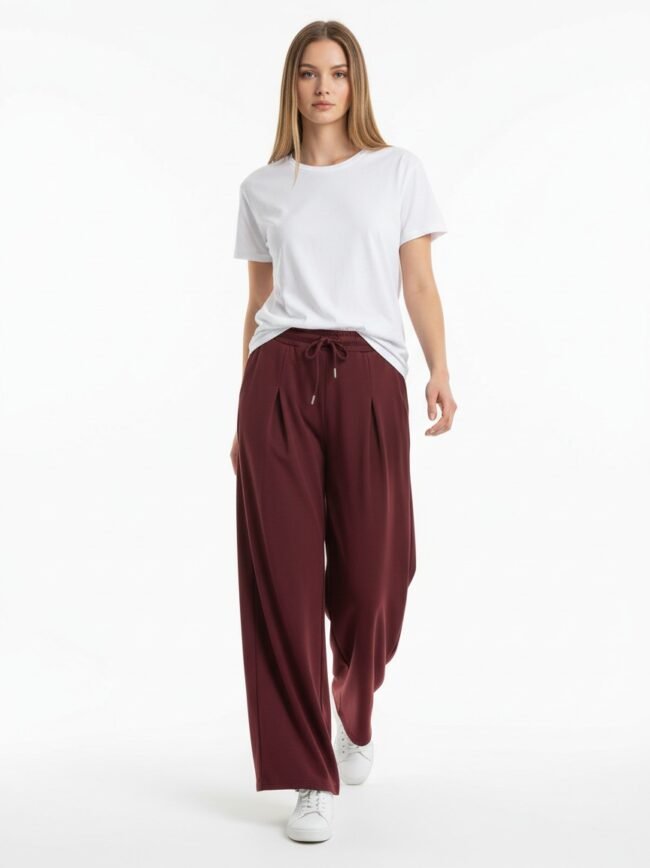 Woman modeling a white T-shirt with burgundy wide-leg drawstring pants and white sneakers, walking toward the camera in a studio setting.
