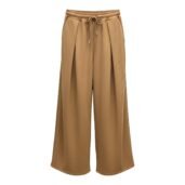 Tan wide-leg pants with an elastic drawstring waistband, hanging to show fit and drape