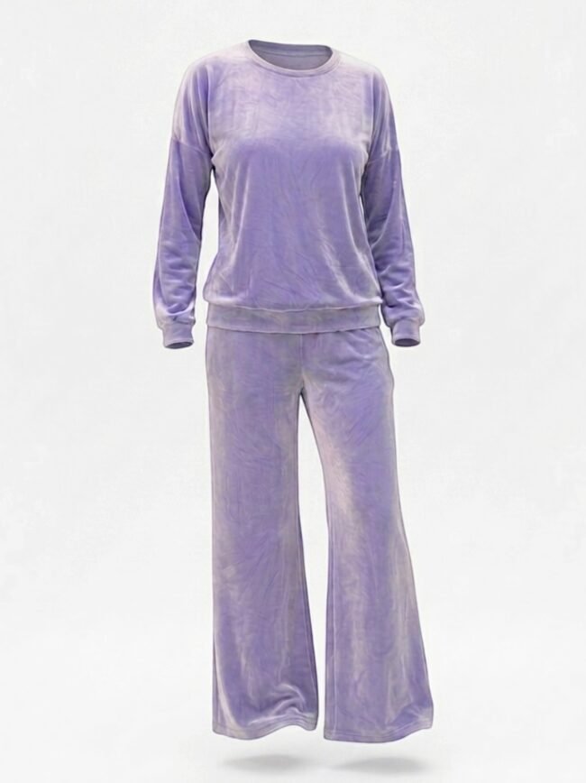 Σετ Λιλά Lavender tie-dye loungewear set (hoodie and joggers) floating in midair against a pale background.