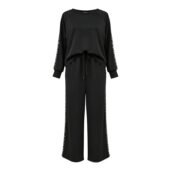 Front view of a black jumpsuit with a drawstring at the waist and white stitched detailing along the sleeves' sides.