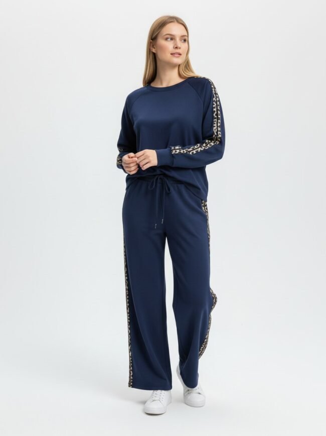 Woman wearing a navy tracksuit with leopard-print side stripes and white sneakers, standing with hands clasped.