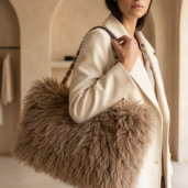 Woman in a cream coat carries a large tan fluffy handbag with a gold chain shoulder strap.