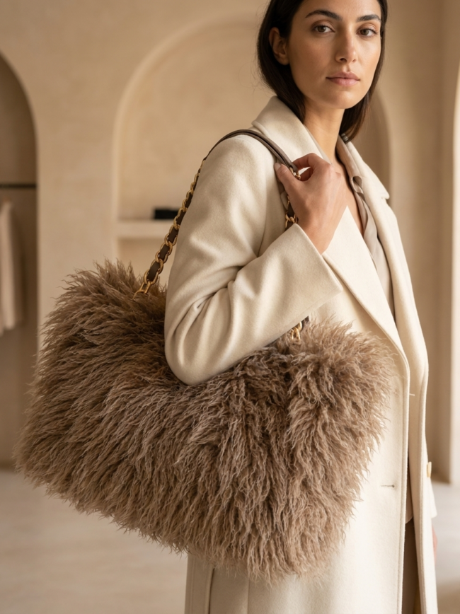 Woman in a cream coat carries a large tan fluffy handbag with a gold chain shoulder strap.