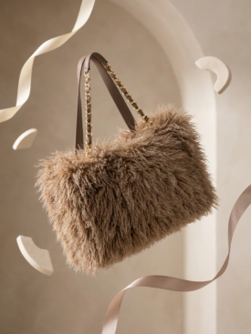 Brown fluffy handbag with a gold chain strap suspended among curling ribbons in a neutral studio setting, showcasing its plush texture.