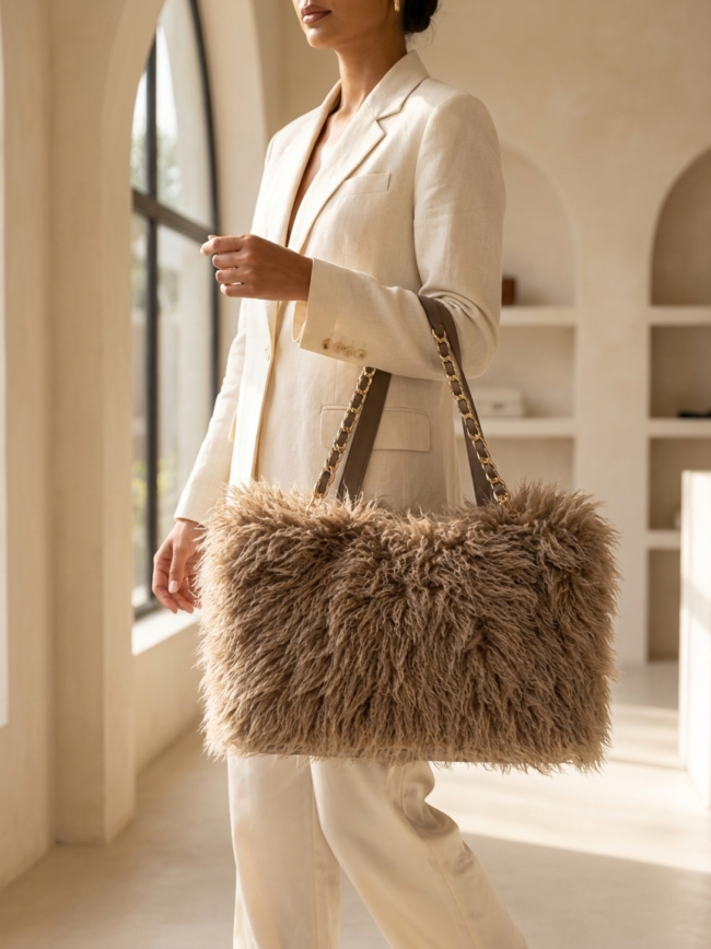 Woman in a cream suit carries a large fluffy beige handbag with a gold chain strap in a sunlit boutique.