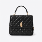 Black quilted leather handbag with a gold-tone clasp and a top handle on a clean backdrop.