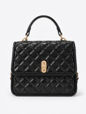 Black quilted leather handbag with a gold-tone clasp and a top handle on a clean backdrop.