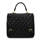 Black quilted leather handbag with a top handle and gold hardware