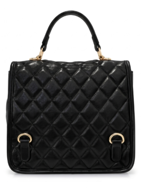 Black quilted leather handbag with a top handle and gold hardware