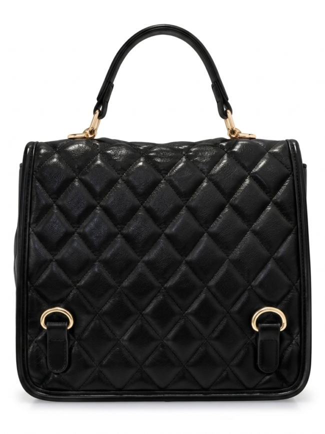 μαυρη τσαντα πισω Black quilted leather handbag with a top handle and gold hardware