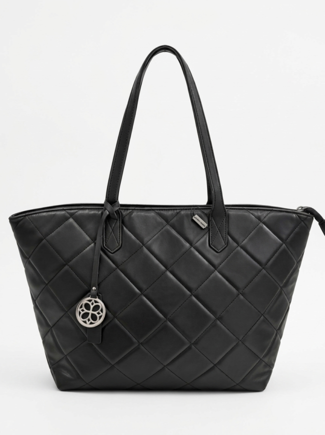 Black quilted tote bag with double handles and a circular metal charm hanging from one handle.