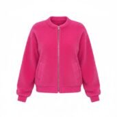 Bright pink zip-front fleece jacket with two front pockets and ribbed cuffs and hem ok details included.