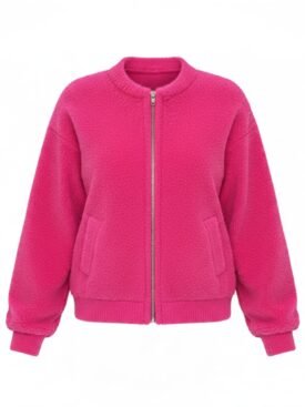 Bright pink zip-front fleece jacket with two front pockets and ribbed cuffs and hem ok details included.