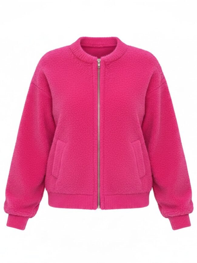 66c6fd1c-ac62-4421-b26e-27d717ce2beb Ghost Mannequin Bright pink zip-front fleece jacket with two front pockets and ribbed cuffs and hem ok details included.