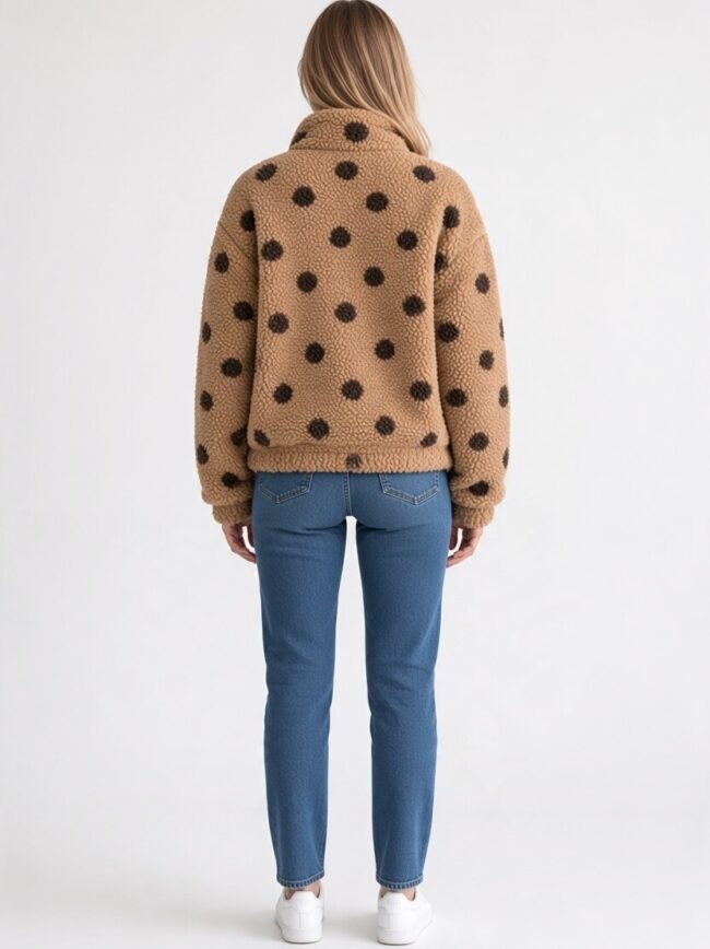 Fluffy Καμηλό 1 Person wearing a tan teddy coat with black polka dots, blue jeans, and white sneakers, viewed from the back against a plain backdrop