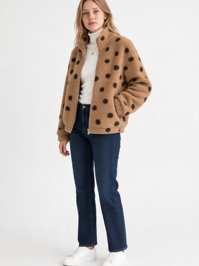 Fluffy Καμηλό 2 Woman wearing a tan teddy coat with black polka dots, a white turtleneck, dark jeans, and white sneakers, standing against a light background.