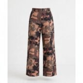 Camouflage print wide-leg trousers with belt loops in brown, green, and black.