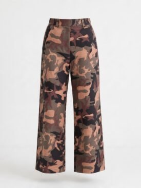 Camouflage print wide-leg trousers with belt loops in brown, green, and black.