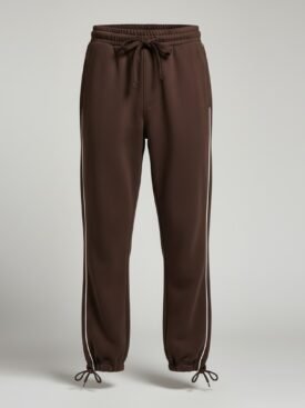 Brown jogger pants with drawstring waist and white side stripes, gathered cuffs with ties.