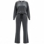 Gray velour tracksuit set with gold-tone studs on shoulders and pockets, featuring a drawstring waist and wide-leg pants.