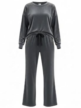 Gray velour tracksuit set with gold-tone studs on shoulders and pockets, featuring a drawstring waist and wide-leg pants.