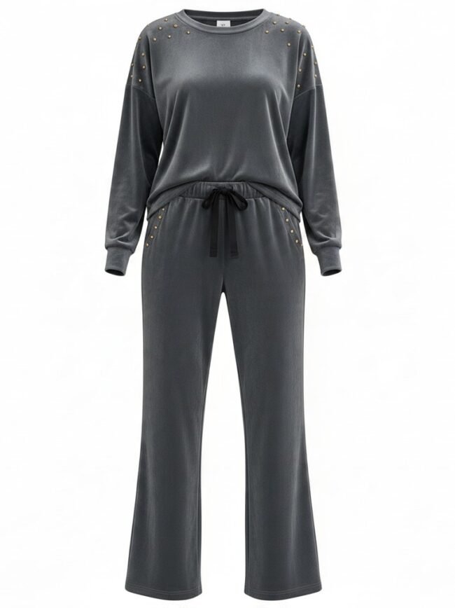 Velvet Γκρί Ghost Mannequin Gray velour tracksuit set with gold-tone studs on shoulders and pockets, featuring a drawstring waist and wide-leg pants.
