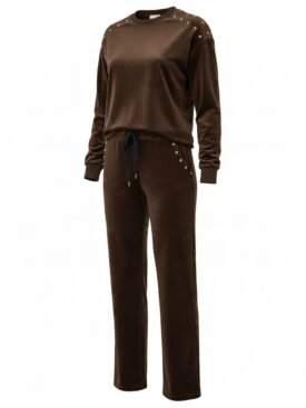 Brown velour tracksuit with studded shoulders and drawstring waist, full-length pants on white background