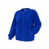 Bright cobalt blue zip-up fleece jacket with two side pockets on a white background.