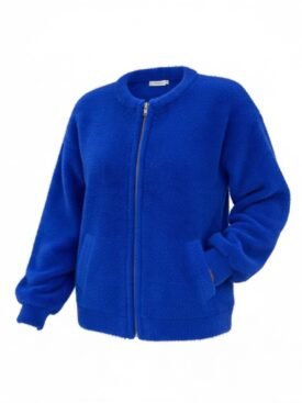 Bright cobalt blue zip-up fleece jacket with two side pockets on a white background.