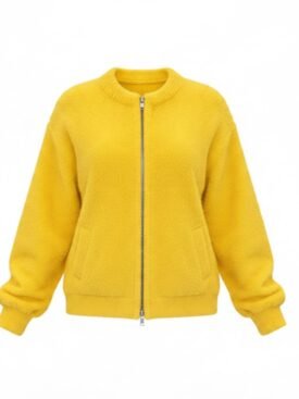 Bright yellow zip-front fleece jacket with ribbed cuffs and two front pockets
